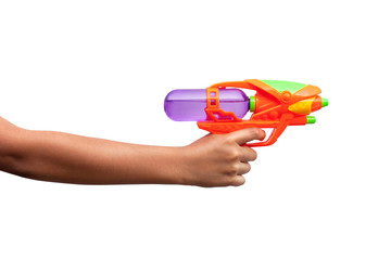 Wall Mural - Hand holding plastic water gun isolated on white background. Objects with clipping path