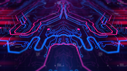 Poster - Kaleidoscope Vivid Pink. Micro chipset Purple Violet and Blue Microchip backdrop. Abstract background. Digital technology. PCB. Microchip link. 3d illustration. Computer graphic website internet.