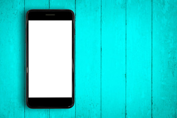 Poster - Smartphone on old blue wood teble background.