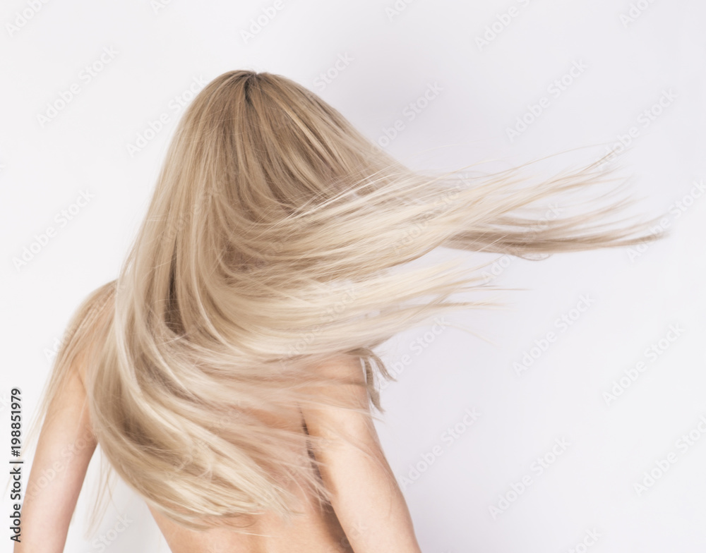 Healthy long platinum blonde hair in motion. - obrazy, fototapety, plakaty 