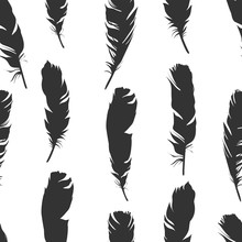 Seamless Black Illustration With Feathers On A White Background. Natural Vector Pattern. Boho Style. Simple Silhouettes.