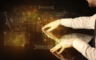Poster - Hands navigate on high tech smart table with business icons and symbols