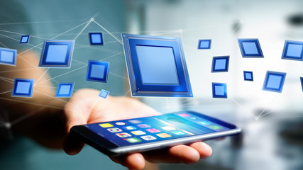 Poster - Businessman using a smartphone with a Processor chip and network connection - 3d render