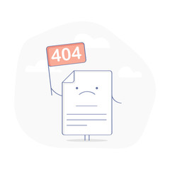 Fototapete - 404 Error Page or File not found icon. Cute upset Page with flag 404 symbol. Oops or Connection Problem, Page does not exist concept. Flat modern outline icon concept, isolated vector illustration. 