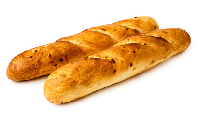 Two bread baguettes on a white, close up.