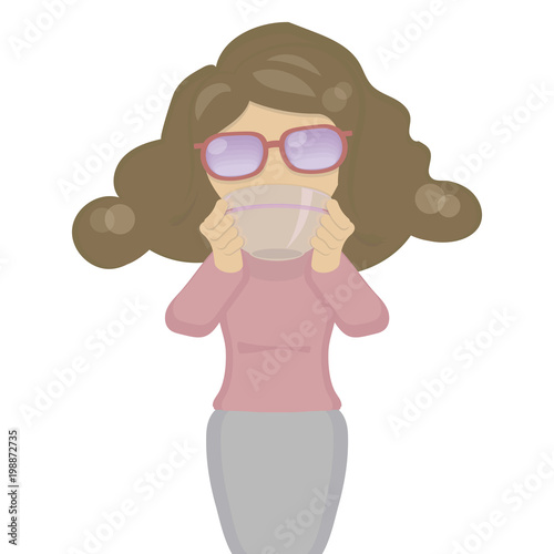 Fotografia, Obraz dark-haired girl in sweated red glasses, wearing pink sweater and gray skirt dri