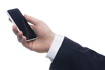 Cropped image of a man in suit holding mobile phone over white background