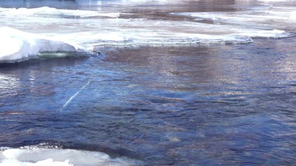 Wall Mural - Frozen stream with ice. Spring river and snow. Cold water flows in the river ice.