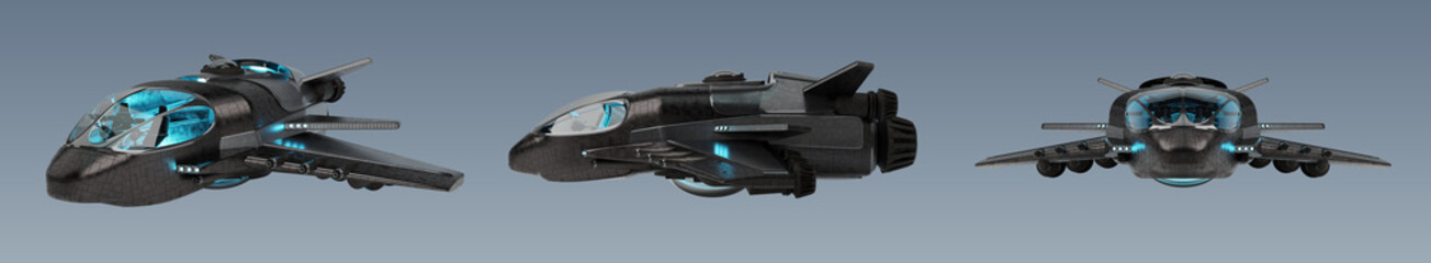 Poster - Futuristic spacecraft collection isolated on grey background 3D rendering