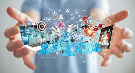 Wall Mural - businessman connecting devices and business objects together 3d rendering