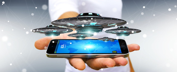 Poster - Businessman with retro UFO spaceship 3D rendering