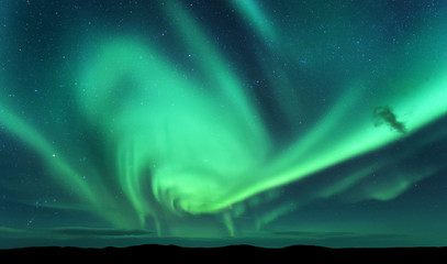 Wall Mural - Aurora borealis and silhouette of hill. Lofoten islands, Norway. Aurora. Green northern lights. Sky with stars and polar lights. Night landscape with aurora, blue sky. Nature background. Concept