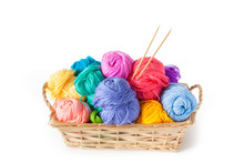 Colored Cotton Yarn For Knitting In A Basket. Isolate.