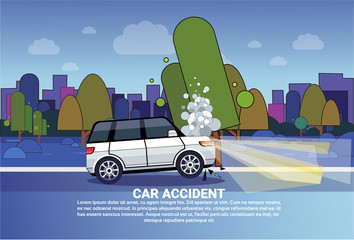 Sticker - Car Accident Concept Broken Car On Road At Night Over City Background With Copy Space Flat Vector Illustration