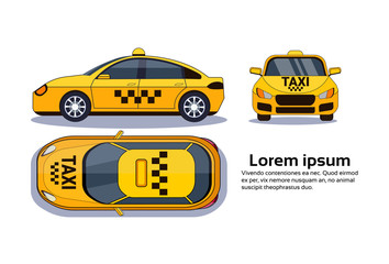 Sticker - Taxi Car On White Background Isolated Top, Side And Front View Over Copy Space Flat Vector Illustration