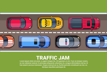 Wall Mural - Road Full Of Different Cars Top Angle View of Traffic Jam On Highway Flat Vector Illustration