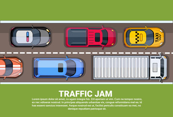 Sticker - Traffic Jam On Highway Top View With Road Full Of Different Cars Flat Vector Illustration