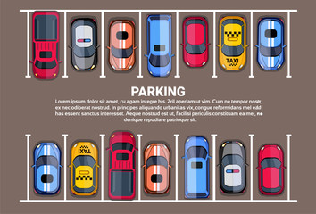 Sticker - Parking Space Top View With Set Of Colorful Cars, Park Zone Background Flat Vector Illustration