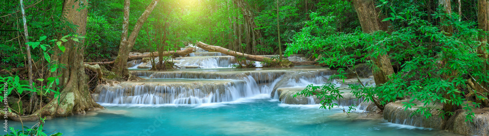 Panoramic beautiful deep forest waterfall in Thailand - obrazy, fototapety, plakaty 