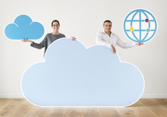 Sticker - People holding cloud and technology icons