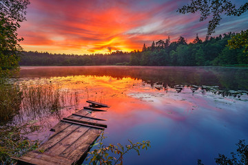 bright sunrise over forest lake