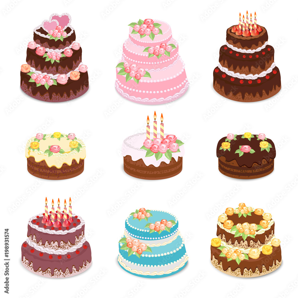 Vector cakes collection. Set of different types sweet baked cakes ...