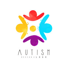 Poster - Autism awareness day logo with humans in circle. Genetic disorder. Colorful vector emblem for charitable organization, wellness or medical center