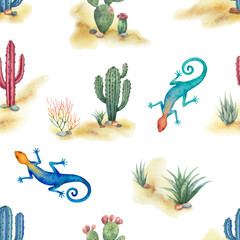 Wall Mural - Watercolor seamless pattern of landscape with lizard and cacti isolated on white background.