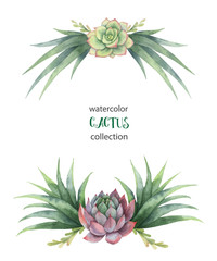 Wall Mural - Watercolor vector wreath of cacti and succulent plants isolated on white background.