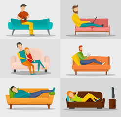 Poster - Sofa chair room couch banner concept set. Flat illustration of 6 sofa chair room couch vector banner horizontal concepts for web