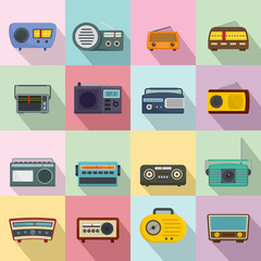 Radio music old device icons set. Flat illustration of 16 radio music old device vector icons for web