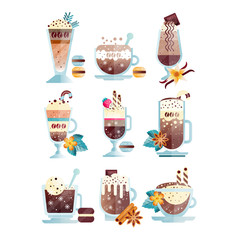 Poster - Flat vector set of tasty coffee drinks in transparent cups and glasses. Delicious hot and chilled beverages with macaroons, candy canes, strawberry.