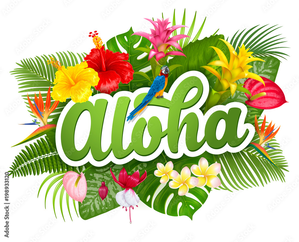 Aloha Hawaii lettering and tropical plants - obrazy, fototapety, plakaty 
