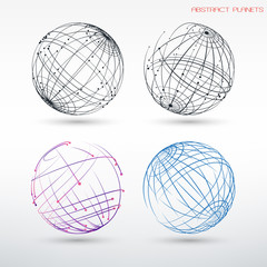 Poster - Set of abstract images of planets. Frame geometric shapes from points and lines. Templates for registration of design projects. Web technologies, communication and the Internet.