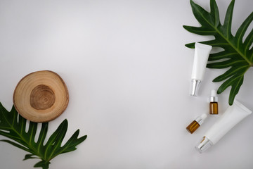 Wall Mural - natural cosmetic cream , serum, skincare blank bottle packaging with leaves herb, wood . bio organic product.beauty and spa concept.