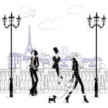 Fashion Girls In Sketch-style In Paris. Fashion Woman Portrait.