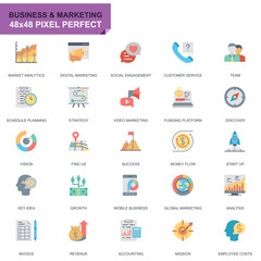 Poster - Simple Set Business and Marketing Flat Icons for Website and Mobile Apps. Contains such Icons as Vision, Mission, Planning, Market. 48x48 Pixel Perfect. Editable Stroke. Vector illustration.