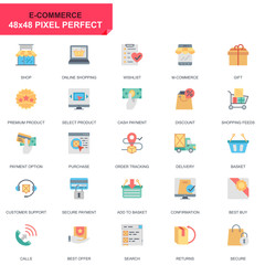 Poster - Simple Set E-Commerce and Shopping Flat Icons for Website and Mobile Apps. Contains such Icons as Delivery, Payment, Basket, Customer, Shop. 48x48 Pixel Perfect. Editable Stroke. Vector illustration.