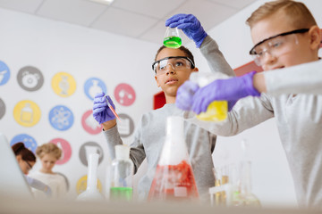 Immersed into process. Pleasant best friends mixing colorful chemicals in the flasks while having their chemistry class in the school laboratory