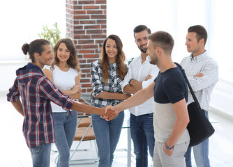 Sticker - handshake Manager and customer in the office.