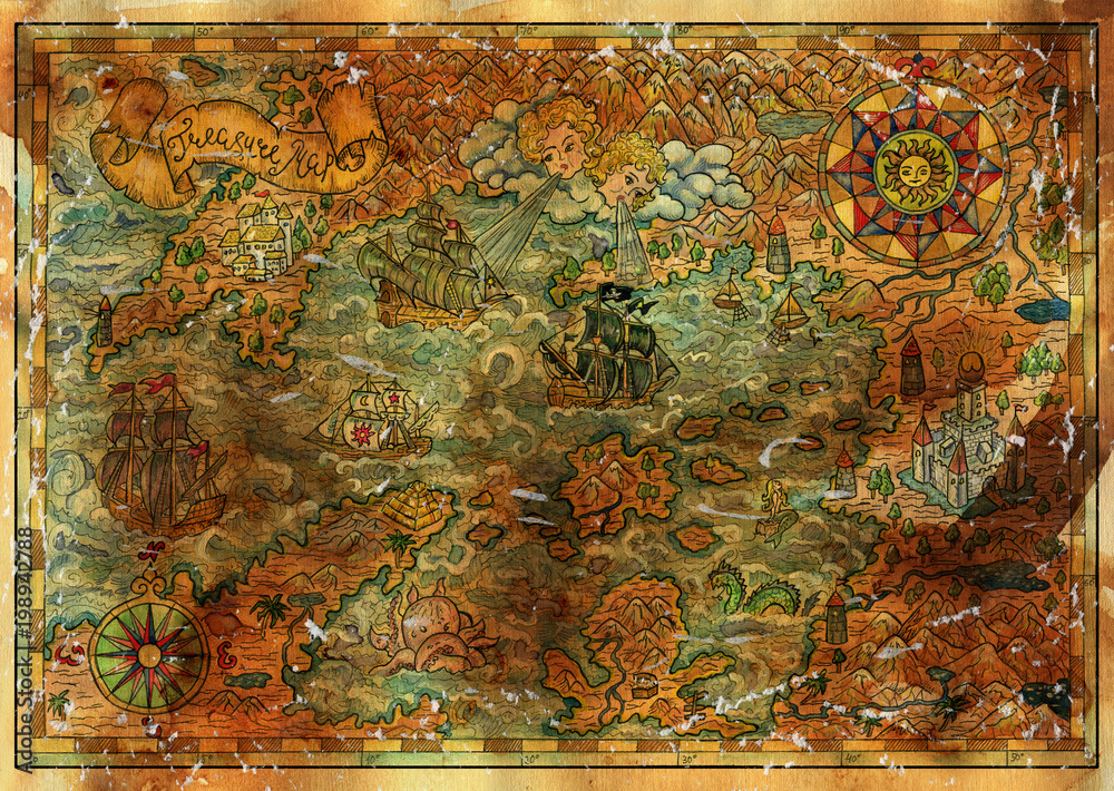 Ancient treasures map with pirate ships, compasses, fantasy lands ...