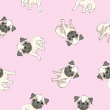 Vector Seamless Pattern With Cute Cartoon Dog Puppies. Can Be Used As A Background, Wallpaper, Fabric And For Other Design.French Bulldog Pattern