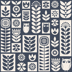 scandinavian folk art seamless vector pattern with flowers, plants and owls on worn out texture in m