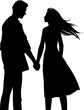 Beautiful cartoon black silhouette illustration of a young couple in love holding hands