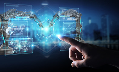 Poster - businessman using robotics arms with digital screen 3d rendering