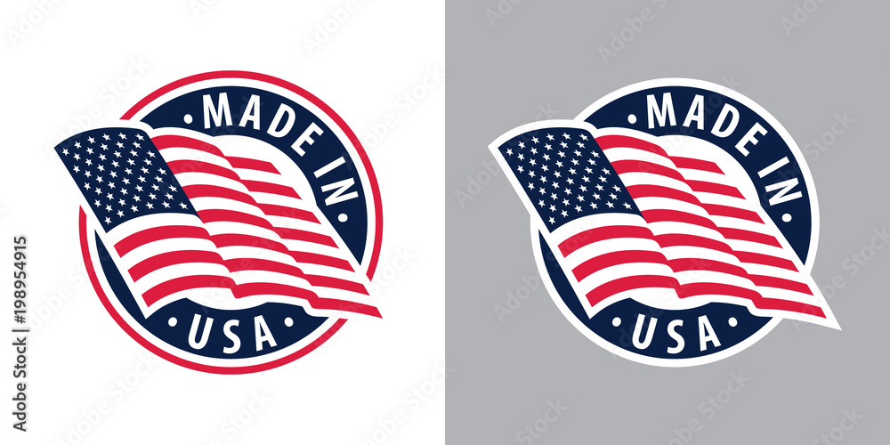Made in USA (United States of America). Composition with American flag for badge, label, pin, etc. Variants for light and dark backgrounds. - obrazy, fototapety, plakaty 