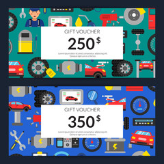 Poster - Vector gift voucher or discount card template with flat style car service elements