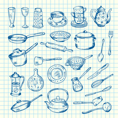 Canvas Print - Vector set of kitchen utensils on cell sheet illustration