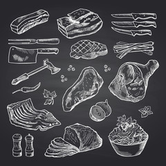 Wall Mural - vector hand drawn monochrome meat elements on black chalkboard