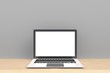 © krung99 - Computer Network Connection Digital Technology, Laptop computer white blank screen on wood work table front view, Isolated on gray background, 3D rendering